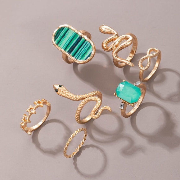 **MAVERY* 7-Pc Gold x Green Fashion Snake Ring Set - Picture 5 of 5